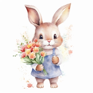 Watercolor bunny holding bouquet of wild flowers clipart, childlike innocence and charm, big and adorable eyes, cute and charming expression, funny and floppy ears, rosy cheeks, shy bunny, foreboding colors, valentines day themed, white background