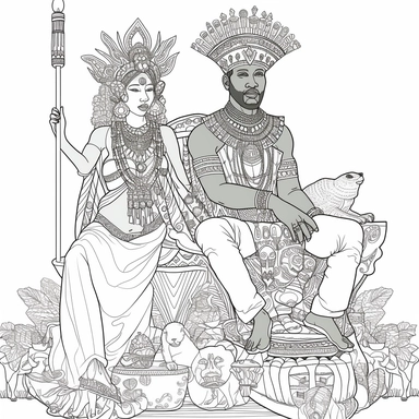 an african male and female couple earth and sky diety teaching to an audience of humans sitting down, coloring page for adults, no color, crisp lines, coloring pages for adults, think lines, clipart, vector, full body, no shading, full body, realistic, 8k