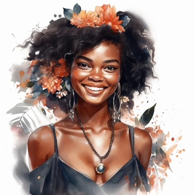 Glamorous and romantic beautiful dark-skinned girl with short curly black wearing beautiful boho jewelry, isolated on the white background, detailed, very realistic, translucent, delicate, with a bouquet of flowers, smiling, laughing, happy, delicate colors, golden hour, fashion photography, watercolor clipart - - ar 3: 2 - - no watermarks, no text