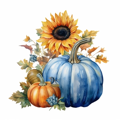 watercolor hyper realistic vintage fall autumn blue pumpkin with sunflower clipart, photorealistic, realistic still life style, detailed watercolor style, on white background