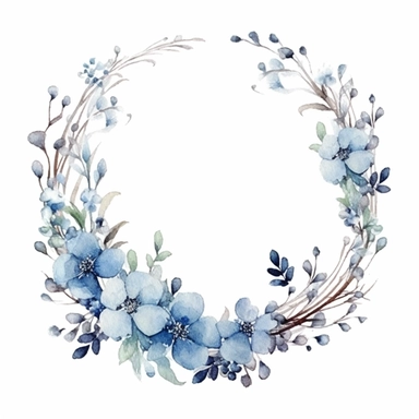 watercolor clipart of a empty suttle dainty floral oval frame surrounded by dusty blue color flowers. Capture the essence of blooming beauty and intricate details in your artwork, white background