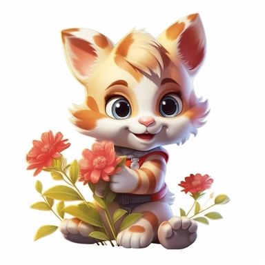 baby kitten playing with flowers, disney cartoon style, isolated white background, clipart