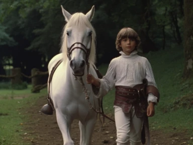 arthur as a young squire is walking next to a white horse, medieval clothing, vhs clip of 1981 movie the grail, in the style of home video, in motion, film still