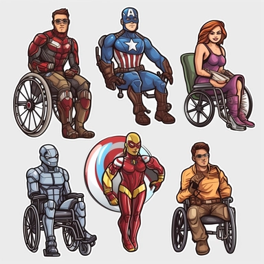 6 clipart elements, series of very hyperdetailed colorful stickers, cool people with disabilities, marvel style, superheros, each sticker with a clear white outline between each element, light grey background, realistic