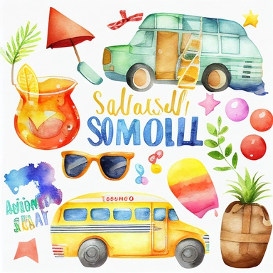 watercolor summer vacation from school clip arts, end of school year clipart, white background, no letters