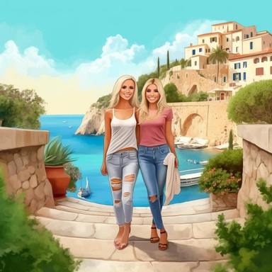 panoramic view, full view, landscape, two beautiful older middle-aged female best friends, one with long blonde hair and one with short blonde hair, age appropriate attire, same height, posing, smiling, beautiful faces, along a cobblestone walkway in a beautiful mediterranean town with view of beautiful blue water, cascading bougavanelia, beautiful summer day, illustration clipart, photo realistic, romantic, fantasy, ethereal, sharp focus, high detail,