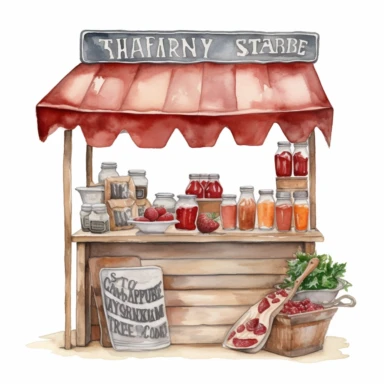 hand drawn ROADSIDE STAND WITH STRAWBERRY JAM AND COUNTRY HAM leg , very detailed and realistic , watercolor, white background with margins, clipart style