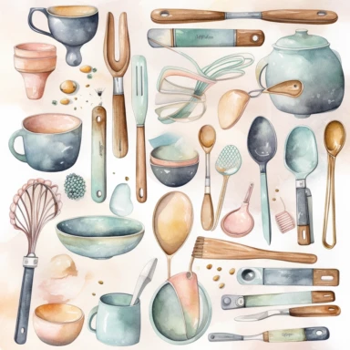 Create a watercolor clipart set of kitchen utensils and tools, including knives, spatulas, ladles, and measuring cups. Use pastel colors and subtle shading to give the images a soft, elegant look, white background