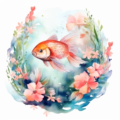 clipart, isolated on white background, Watercolor Spring pond with swimming colorful fish underwater, flowers, ornated, pastel colors