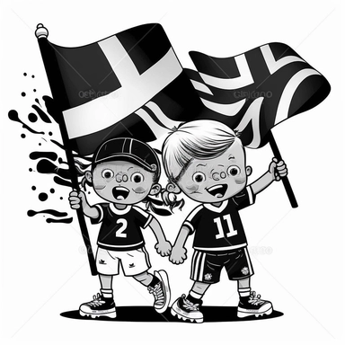 children with football team flag on hand clipart black and with, printable outline arte, withe background