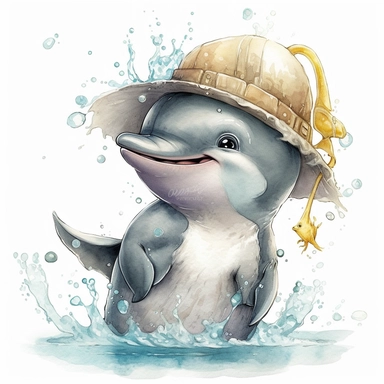 happy cute baby dolphin for kids playing with funny items, cartoon, highly detailed, watercolor, clipart, illustration, digital painting, paper crafting, no signature, no text