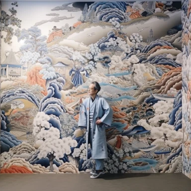 Construct a generative art installation that uses algorithmic techniques to create an ever - changing display of comical manga panels, featuring iconic Japanese characters experiencing humorous and unexpected situations, Florentijn Hofman wearing a beauty of Japan kimono, art by Florentijn Hofman. incredibly detailed, sharpen details, watercolor & Gouache painting, Premium clipart, clean line, on only white background, spaced out, award winning picture, incredibly detailed, sharpen details, Colo