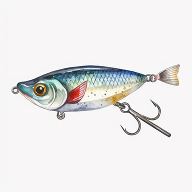 Watercolor fishing lure clipart, white isolated background, space out, hd