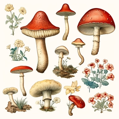 Clipart, vintage, watercolor, Charles Darwin, fungi, chromista, plantae, morfologia floral, hand drawn, texture
