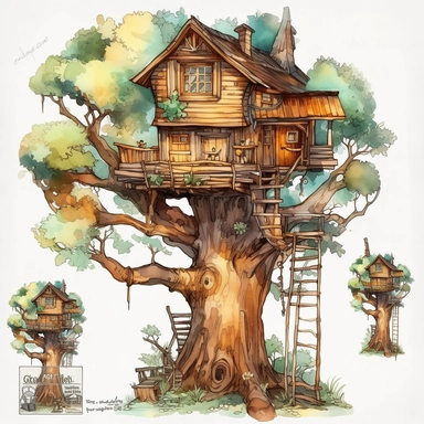 a Tree House watercolor Clipart sublimation clipart graphic, full body, clipart, sticker, a single picture, cartoon style, highly detailed, 8k, one image in the frame--no text in the picture--
