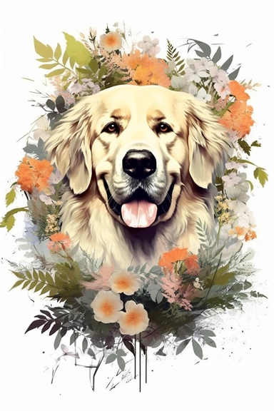 white background, dog, 3d, super closeup, sticker, photorealistic, artwork of t shirt graphic of majestic forest, in digital painting style , beautiful flowers, sunset mountains and clouds , big vines, plants sorround, highly detailed clean, vector image,