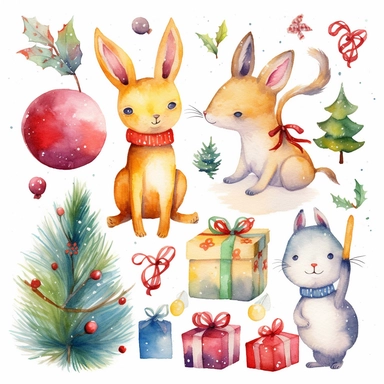 Create a set of watercolor clipart images with a whimsical Christmas theme. Include elements such as cute animals in festive costumes, playful elves, and magical Christmas scenes. The images should have a playful, lighthearted feel with clear lines and bright, cheerful colors. The clipart should be perfect for use in children's holiday crafts and other whimsical projects.