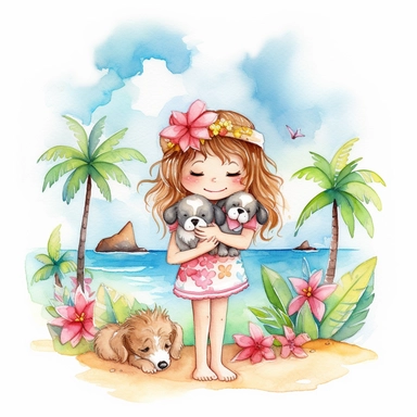 watercolour, tropical island setting, showcase a cute little hula girl little (she is aged 4) hugging her cute little adorable puppy, the puppy has tropical flowersd around her neck, the feeling is happy, magical, the cloouds in the sky are fluffy in the shape of a love heart to signify the love between the little girl and her best friend, clipart