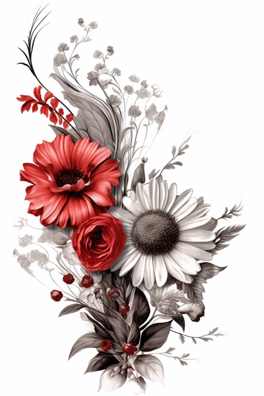 flower corner freebie floral border clipart, in the style of black and white realism, red and gray, uhd image, tattoo, monochromatic paintings, contemporary fairy tale, eye-catching detail