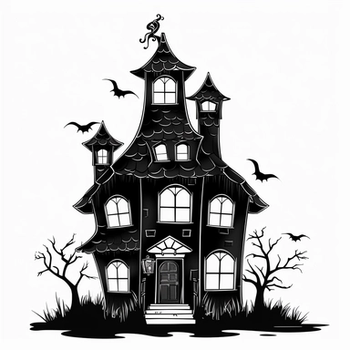 halloween haunted house clipart, black color, white background, minimalistic drawing