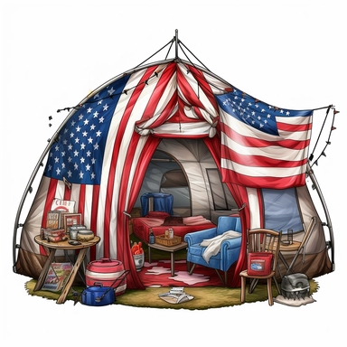 4th of July Patriotic Clip art of patriotic camping tent , png Full body realistic cartoon in 32K UHD cute, 15 cm thick outline. Black color, 8k with realistic watercolors and detailed illustrations. PNG clipart, transparent white background
