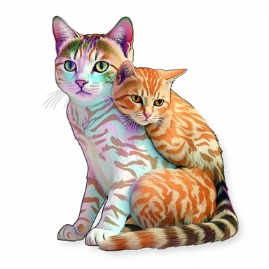 baby cat on back of adult female cat, clipart, style of Enki Bilal, bright colors, isolated white background