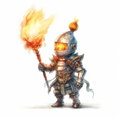 whimsical cute [Fantasy knight holding a flaming torch] , hyper-realistic watercolor illustration, 3d, 8k high definition, highly detailed, masterpiece, clip art, white background