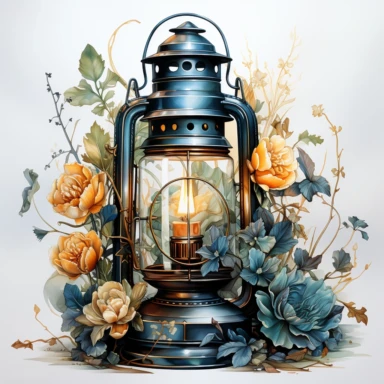 hyperrealistic ultra detailed watercolor clipart, floral fantasy lantern with a candle lit, white background, in the style of digital print, clipart, illustration, sticker, ultra high definition, rich details, 32K, HD