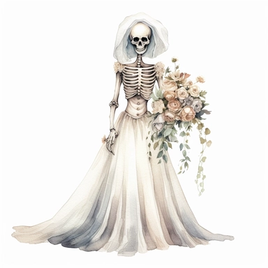 skeleton wearing wedding dress,floral,scary,halloween,watercolor,clipart,white background