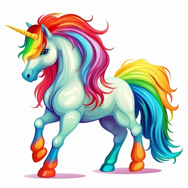 a cartoon beautiful horse, rainbow color hair and tail, dancing, full body image, clipart, white background