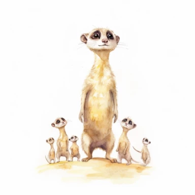 cute meerkat, standing tall on hind legs and keeping watch over its family, pastel watercolor, clipart, on a white background