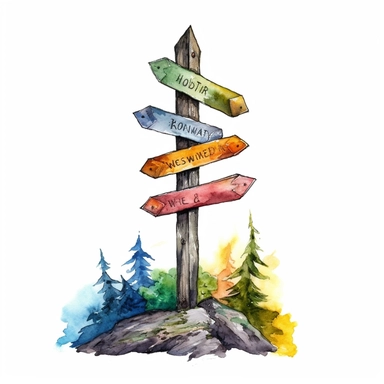 A watercolor clip-art featuring an empty adventure signpost with arrows pointing in different directions, providing a blank canvas for you to customize with your own adventure destinations or bucket list items, adventurous and outdoorsy hues, white background, scrapbooking, intricate details, visible brush strokes, and realistic painting, on the theme of empty adventure signpost artwork for personalized travel-inspired designs and trending on Etsy