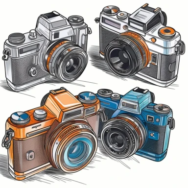 clipart collection of a set of four digital camera ,highly detailed, crisp sharp lines , istock, clip-art, ,, 2070s, steel, , how-to, , harmony of, marker”, , 4, instrument, ultimate, 5, movies, three - dimensional , high quality vector svg white background , organised in rows spaces gap orderly