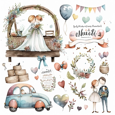 wedding rings tied with a ribbon , cute wedding illustrations clipart set, ILLUSTRATIONS FOR THE BOOK, cartoon elements, different variants, girl with long hair in a wedding veil, wedding, husband and wife Love , Hearts balloons , veil, garland, wooden elements, newlyweds are sitting on a wooden bench , on the wedding beautiful car, white transparent background separate elements with a margin Watercolor