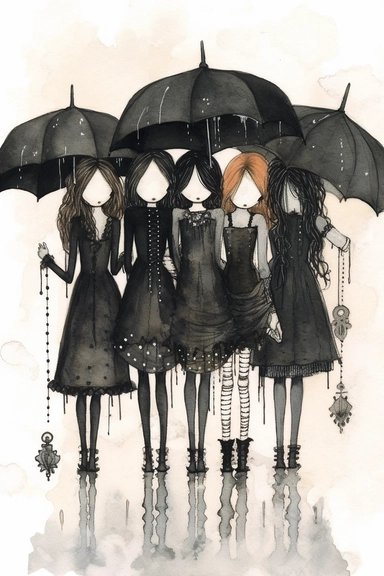 watercolor mixed media goth steampunk bride girl entire body and bridesmaids in goth steampunk wedding decor illustration clipart by holly hobbie