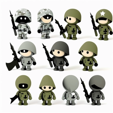 10 stickman soldiers stickers collection, clipart design, cartoon, 4k, white background, photo realism