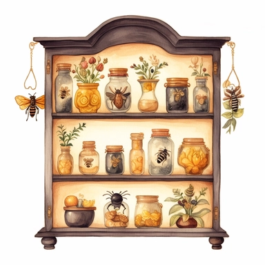 whimsical watercolour clip art curiosity cabinet with glass doors. Bee and honey themed
