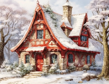 stunning red fairytale Christmas cottage in snow , beautiful Christmas clipart, soft faded colors, beautiful watercolor art by Marjolein Bastin, Thomas Kinkade, Carl Larsson, Norman Rockwell, Susan Wheeler, white background