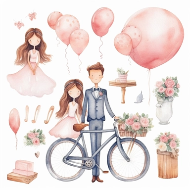 Watercolor wedding cute illustrations clipart set, simple, soft colors, cartoon elements, different variants, girl with long braids on wedding day, wedding, husband and wife, veil, garland, balloons, wedding bouquet, gold rings, wedding cake, wooden elements, they sit on a bench, on a car, on a bicycle, white transparent background, separate elements with a margin