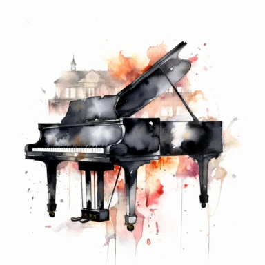 Clipart, watercolor, white background: A black and white piano keyboard, representing the classic and timeless nature of this instrument.