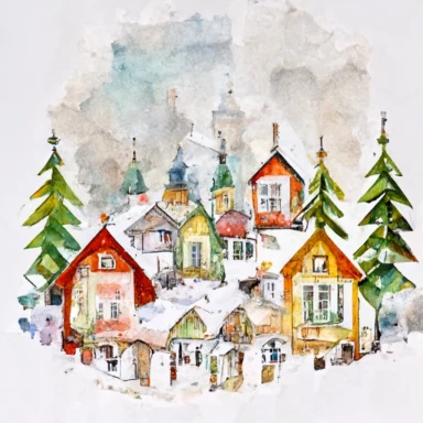 Noel Christmas town watercolor clipart, New Year, snowfall, cozy small houses, watercolor style, detailed