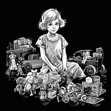 sketch clipart of 20s poster girl playing with toys, hd, white on black background, spaced out,--ar 3:2