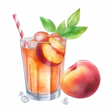 An Peach fruit with a straw inserted, as if ready to be juiced or drink, Watercolor, pastels, clipart, beautiful, colourfull, png transparent white background, high resolution, no caption q4 s2