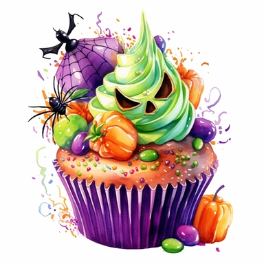 delicious Halloween cupcake with vibrant green, purple, orange, black, colours, witches hats, skulls, spiders and bats, pumpkins and candy confetti, owatercolour illustration clipart, extremely detailed, 4k, high quality, isolated on white background