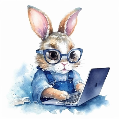 watercolor clipart, very cute single funny bunny, in style programmer, working on a computer, big and adorable eyes, funny and floppy ears, white background