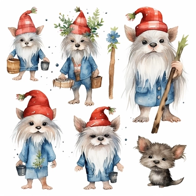 Gnome Dog watercolor clipart set white background
