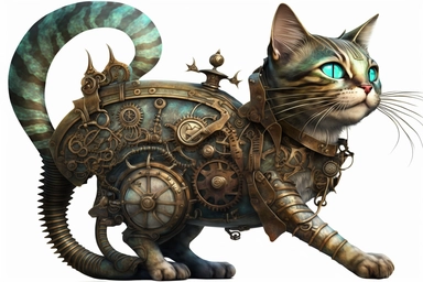 clipart, A beautiful cat with a steampunk-style mechanical fish in its paws, hd, on white background,