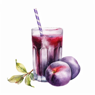 An purple plum fruit with a straw inserted, as if ready to be juiced or drink , Watercolor, pastels, clipart, beautiful, colourfull, png transparent white background, high resolution, no caption q4 s2