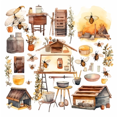 Watercolor boho backyard beekeeping, illustrations clipart set, simple, soft colors, cartoon elements, different variants, beekeeping related items, beehives, beecomb, bees separate elements with a margin