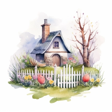 clipart, isolated on white background, beautiful cute Watercolor Spring Cottage - cute little house with fence and chimney, tree and flowers, ornated, pastel colors